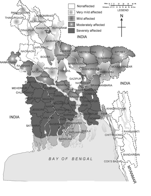Map shows the status of arsenic in groundwater in all 64 districts of Bangladesh and in four geo-morphological regions.